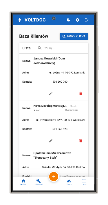 Lista Klientów w aplikacji dla elektryków