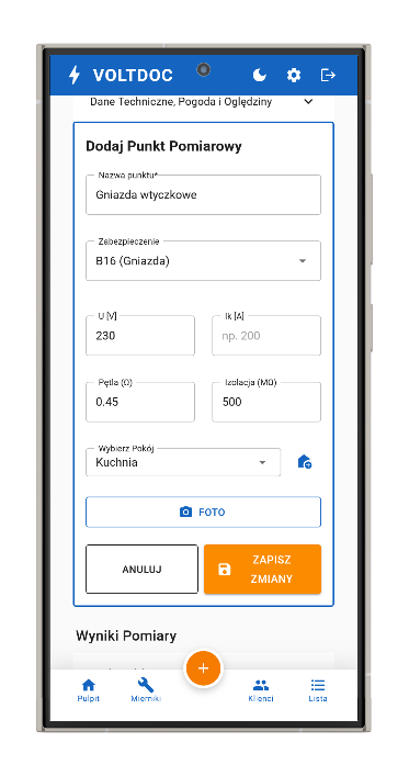 Wprowadzanie pomiarów SWZ i RCD na telefonie